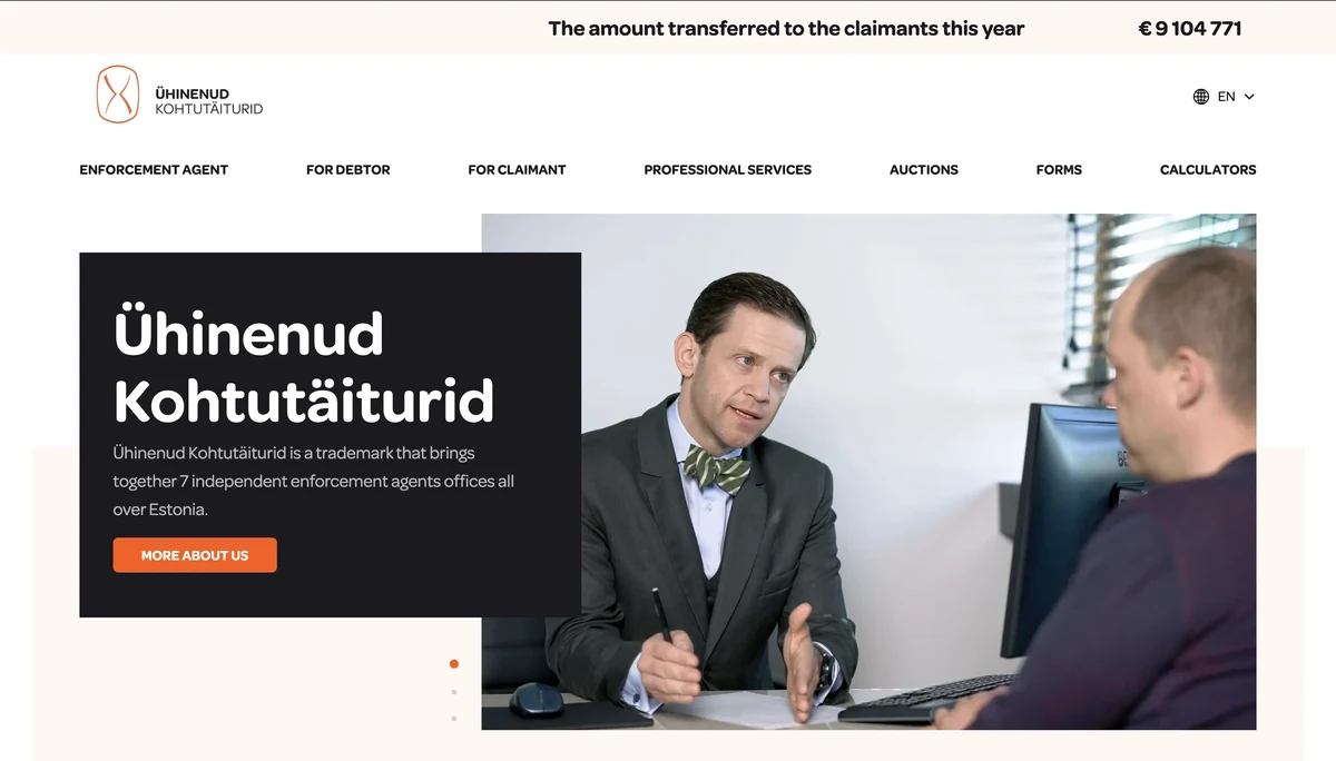 Homepage of a network of enforcement agents' offices, with audience-based navigation, a hero introducing the organisation and a banner showing the amount transferred to claimants this year.