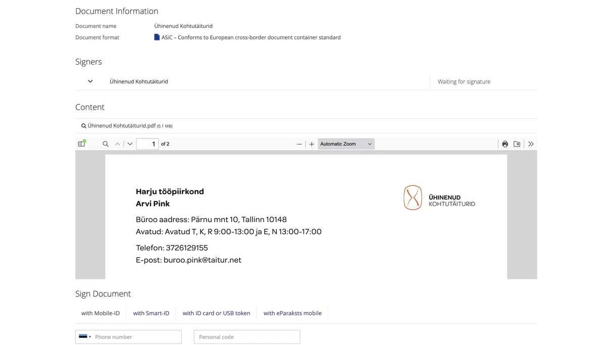 Document signing page with document details, a signer waiting for signature, a PDF preview, and options to sign with Mobile-ID, Smart-ID, ID card or eParaksts mobile.