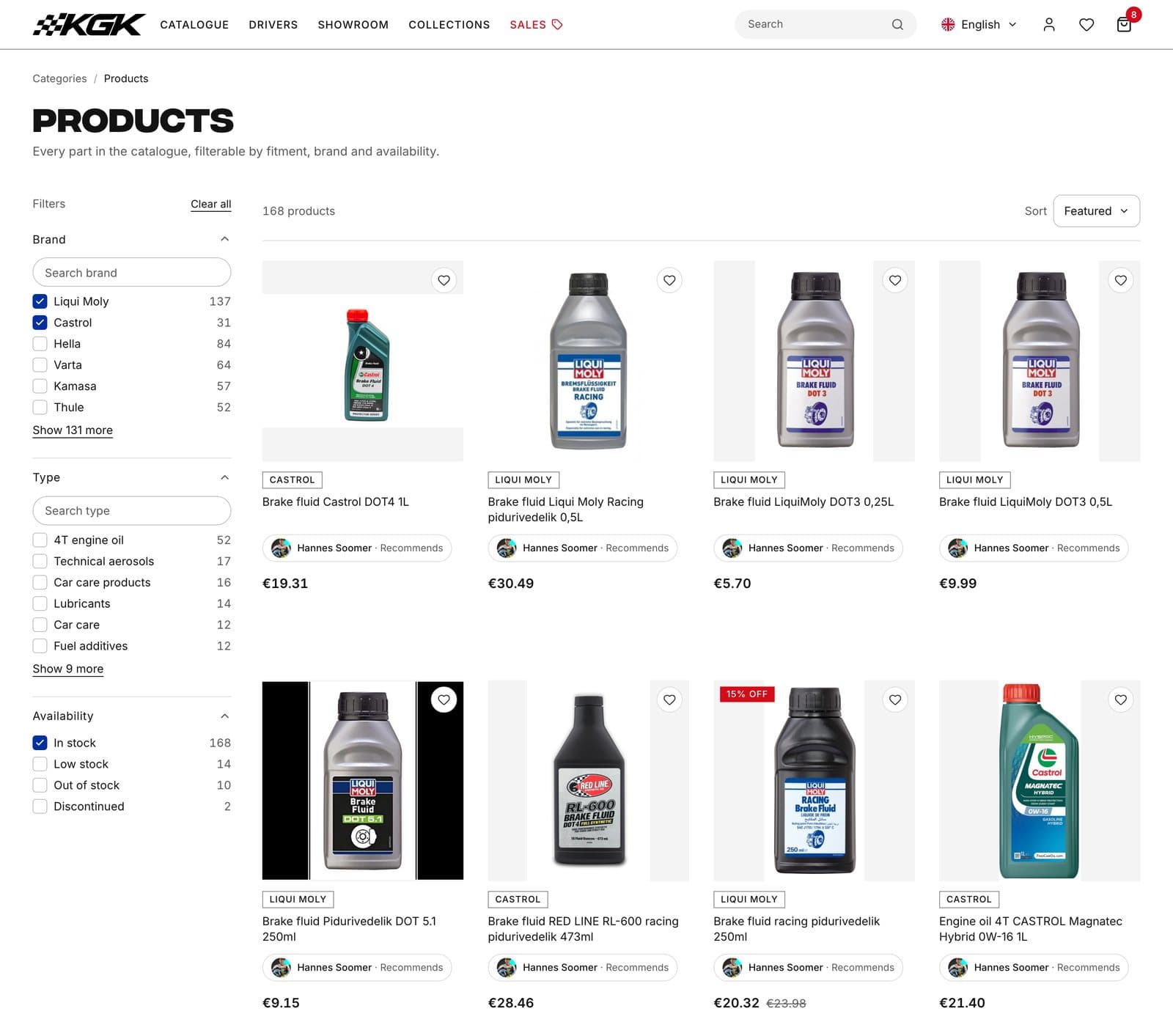 Storefront catalogue page with brand and in-stock filters ticked in the sidebar and a grid of lubricant product cards with brands, prices and a discount badge.