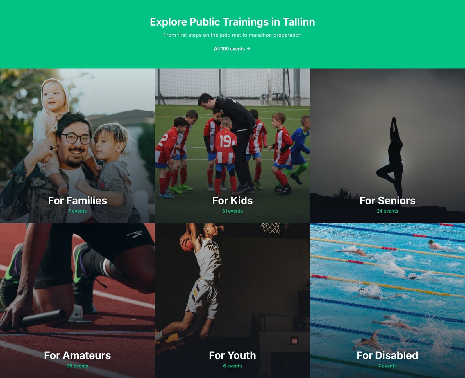 Marketplace homepage section with six photo tiles for families, kids, seniors, amateurs, youth and adaptive sport, each showing an event count.