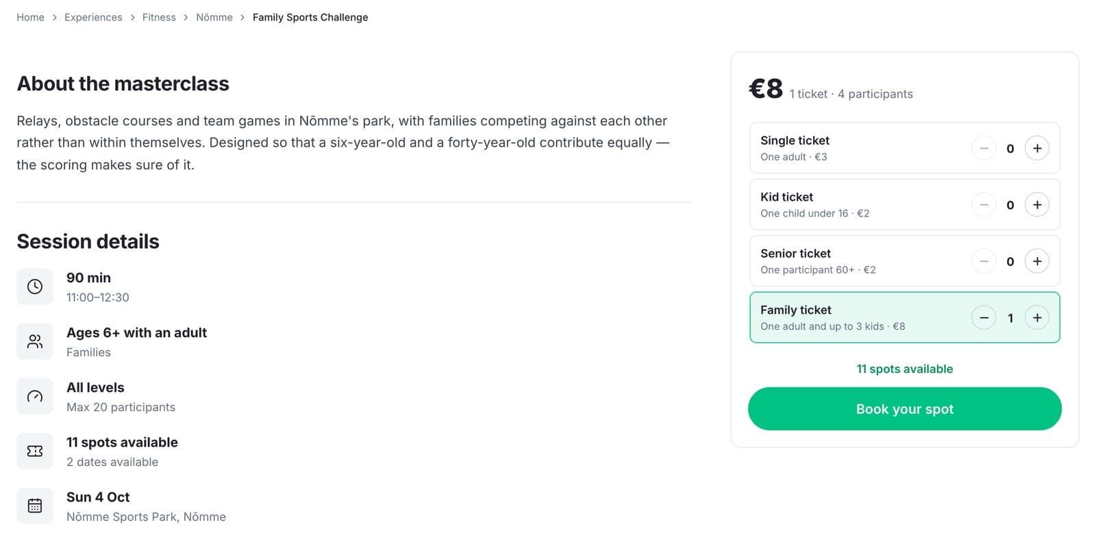 Event detail page for a family sports session, showing its description and session details next to a booking panel with a family ticket selected and a Book your spot button.